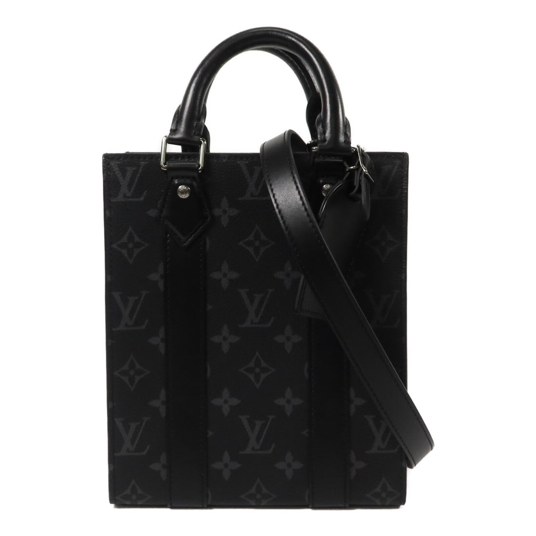 Louis Vuitton Sac Plat Mini Eclipse 2Way: Black Sac Plat Mini 2-way bag in Monogram eclipse PVC coated canvas. Includes shoulder strap and name tag. 19 x 22 x 7 cm; handle 21 cm; shoulder 109-133 cm. Model M46453.