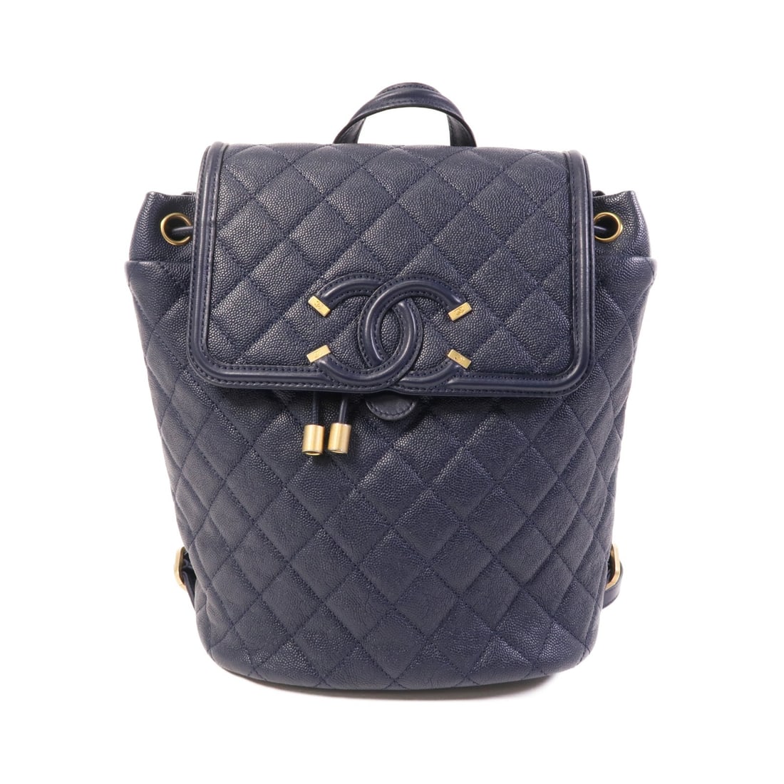 Chanel CC GHW Filigree Backpack Blue: CC GHW Filigree chain backpack in blue calfskin. Size: W19 x H24 x D15 cm. Shoulder 70-80 cm. Includes storage bags, hologram sticker, and guarantee.