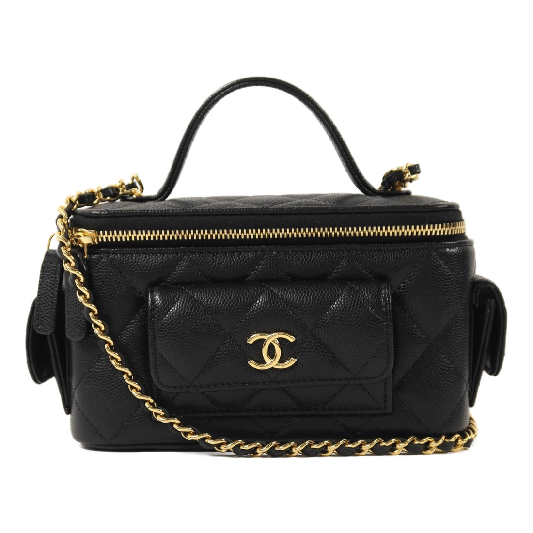 Chanel CC GHW Vanity Case Black: CC GHW Vanity Case chain shoulder bag in black calfskin. Size: W16 x H9.5 x D8 cm. Handle 14.5 cm. Shoulder 115 cm. Includes hologram sticker.