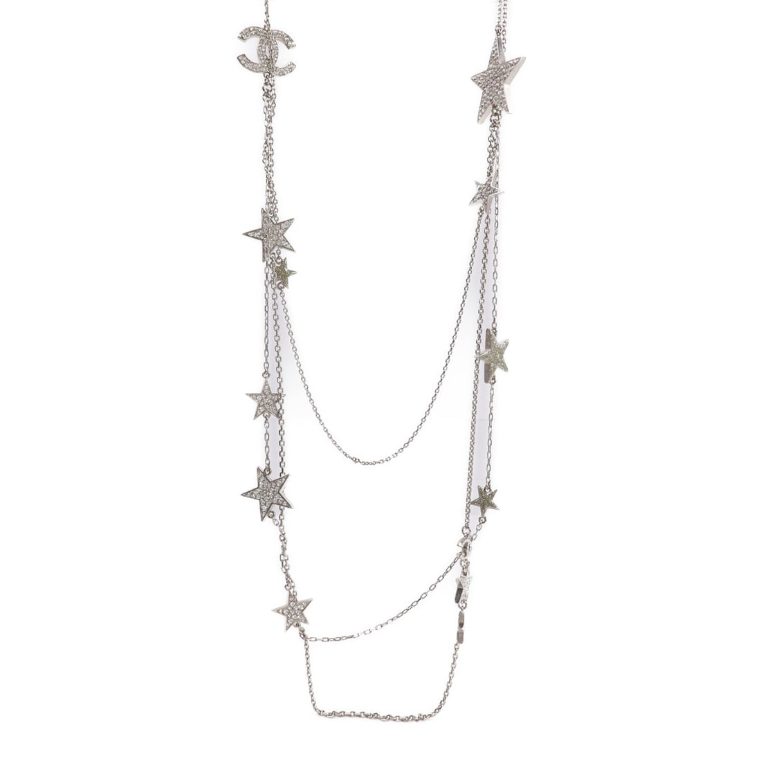 Chanel CC Silver Clear Necklace: Silver and clear CC SHW necklace in metal. Neck size 88cm.