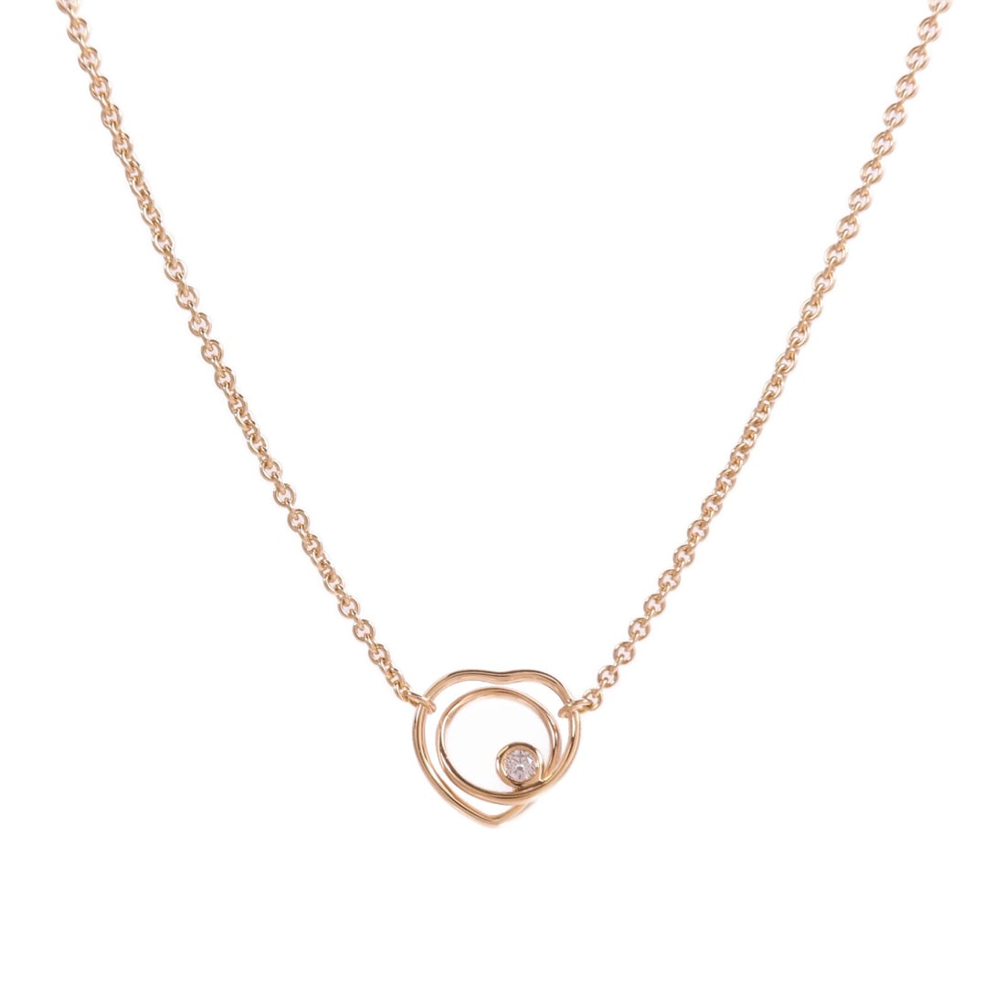 Hermes Vertige Coeur Diamond Necklace: Vertige Coeur necklace in K18PG rose gold with diamond. Includes storage box and guarantee. Neck size 39cm. Motif 14mm wide x 13mm high.