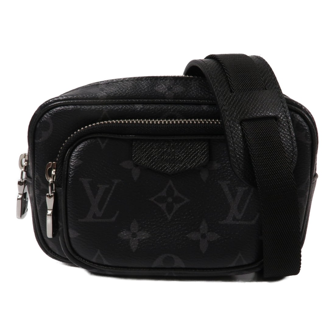 Louis Vuitton Outdoor Pochette Black: LV Outdoor Pochette waist bag in black Taigarama PVC coated canvas and leather. Size: W16 x H10.5 x D5 cm. Shoulder 115 cm. Includes storage bags and shoulder strap.