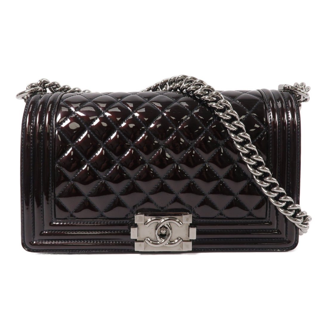 Chanel CC SHW Boy 25 Black Patent: CC SHW Boy 25 chain shoulder handbag in black patent leather. Size: W25 x H14.5 x D8 cm. Shoulder 66-108 cm. Includes storage bags hologram sticker and guarantee.