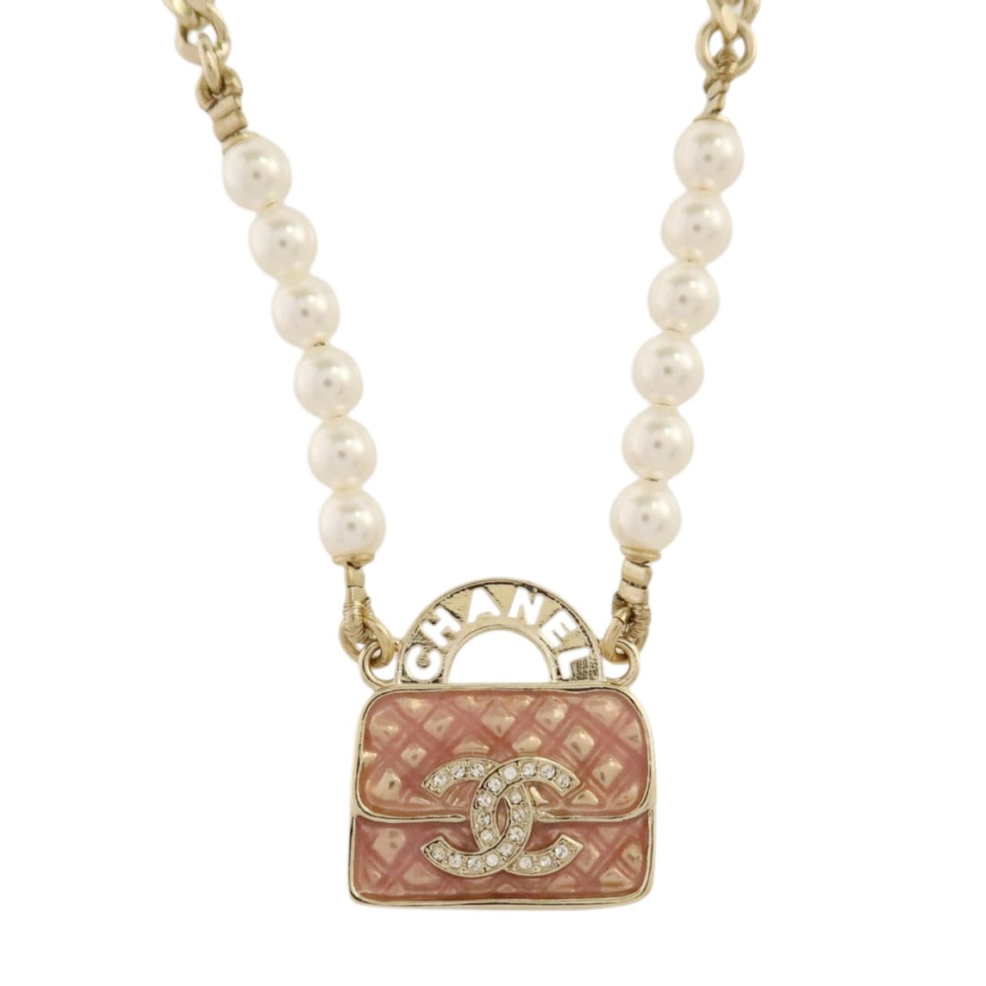 Chanel CC Pink White Gold Necklace: Pink, white, and light gold CC GHW necklace in metal and PVC. Neck size 39.5-46cm. Motif 21mm wide x 22mm high.