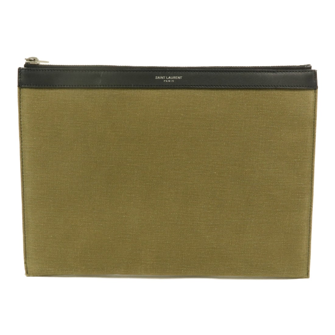 Saint Laurent YSL SHW Clutch Bag Green: YSL SHW clutch bag in green canvas. Size: W29 x H21 x D2 cm. Includes storage box and storage bags.