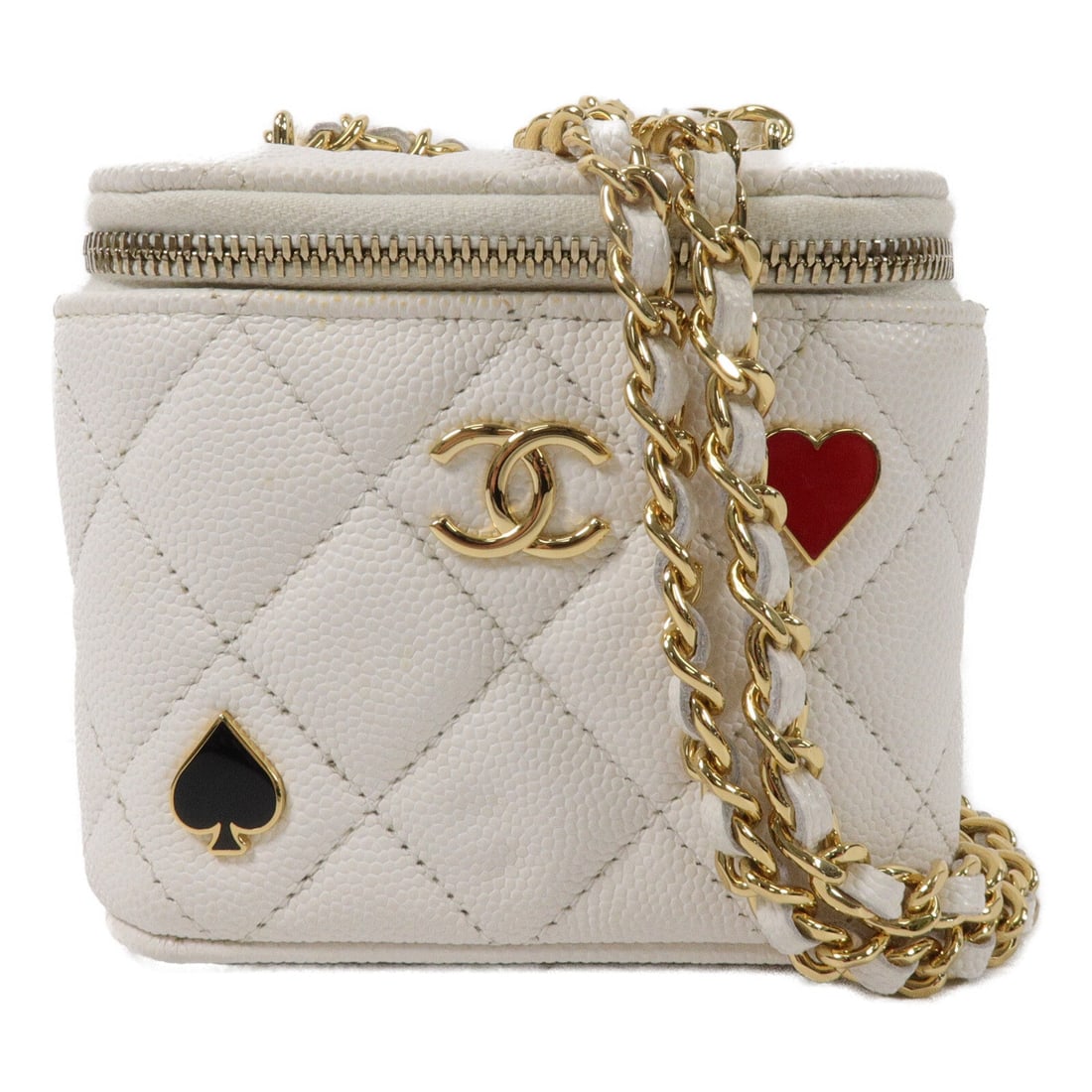 Chanel CC GHW Mini Vanity White: CC GHW Mini Vanity Case chain shoulder bag in white calfskin. Size: W10 x H9 x D7 cm. Shoulder 114 cm. Includes storage bags and hologram sticker.