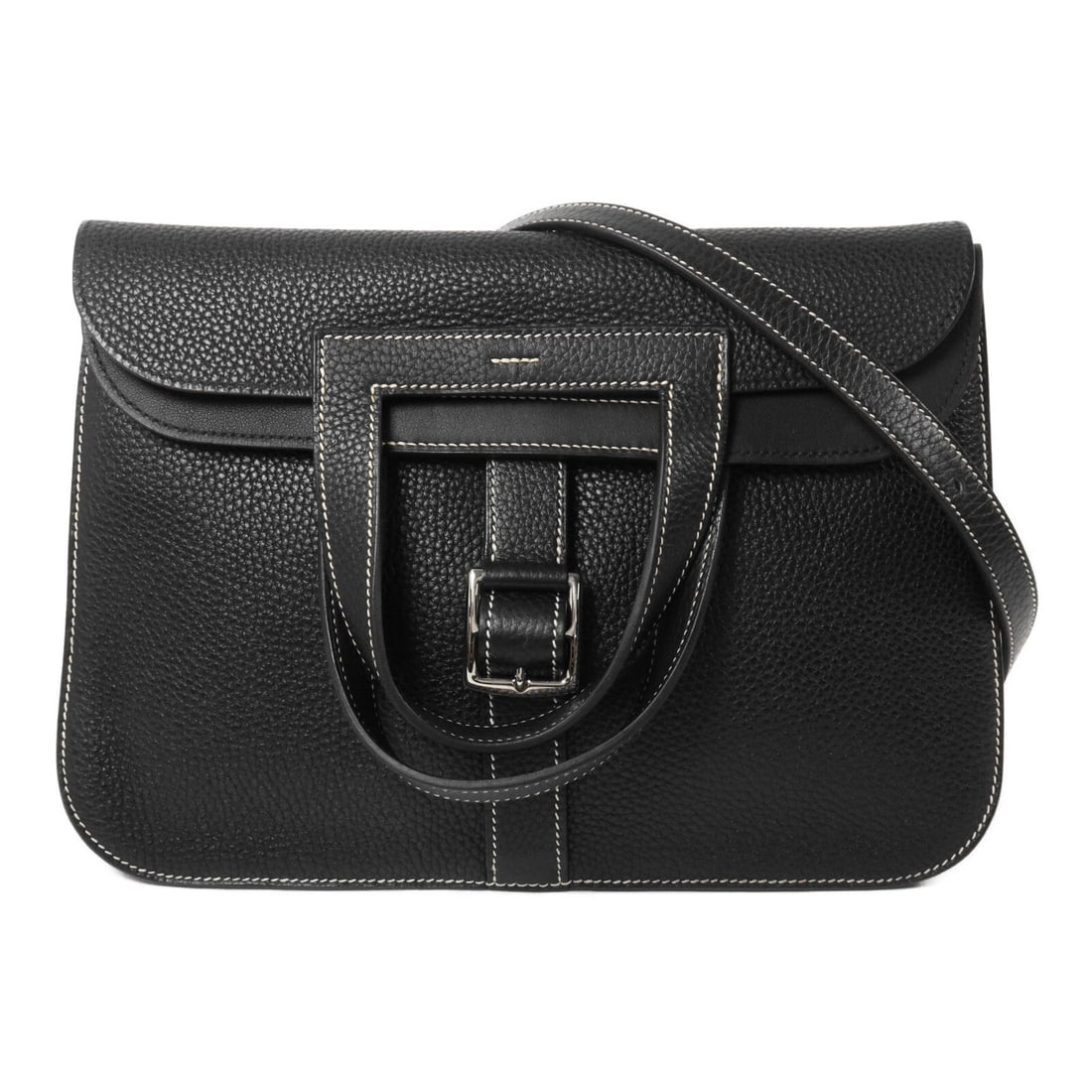 Hermes PHW Halzan 31 Noir: PHW Halzan 31 2 way shoulder bag in Noir Taurillon Clemence calfskin. Size: W31 x H21 x D9.5 cm. Handle 27 cm. Shoulder 74 cm. Includes shoulder strap.