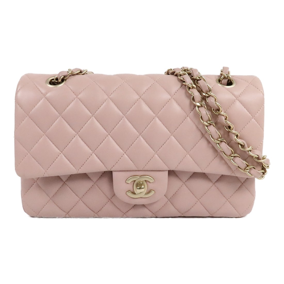Chanel Classic 25 GHW Pink Lambskin: Pink Classic 25 chain shoulder bag with CC GHW in Lambskin (sheep leather). Includes storage bags and hologram sticker. 25.5 x 15.5 x 6.5 cm; shoulder 54-90 cm. Model A01112.