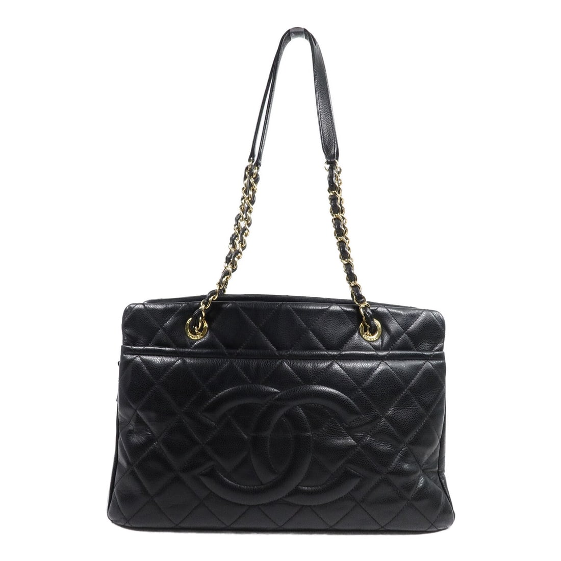 Chanel Chain Shoulder Tote GHW Black: Black chain shoulder tote with CC GHW in Calfskin (cowhide). Includes hologram sticker. 38 x 25 x 13 cm with 71 cm handle.