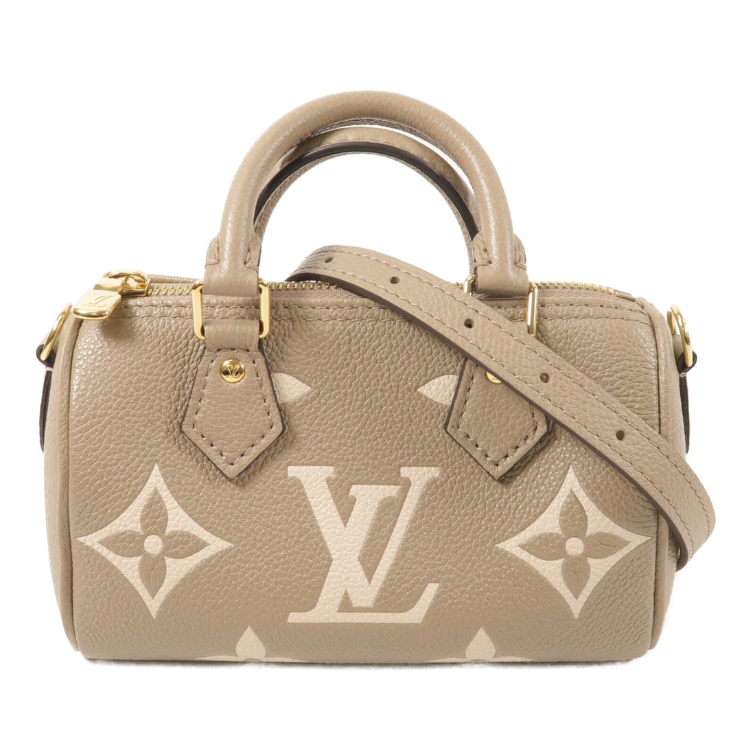 Louis Vuitton LV GHW Nano Speedy Beige: LV GHW Nano Speedy shoulder bag in claim beige and Dove/Cream Monogram Empreinte PVC coated canvas. Size: W17 x H10 x D7.5 cm. Handle 17.5 cm. Shoulder 97-110 cm. Includes storage box storage bags and