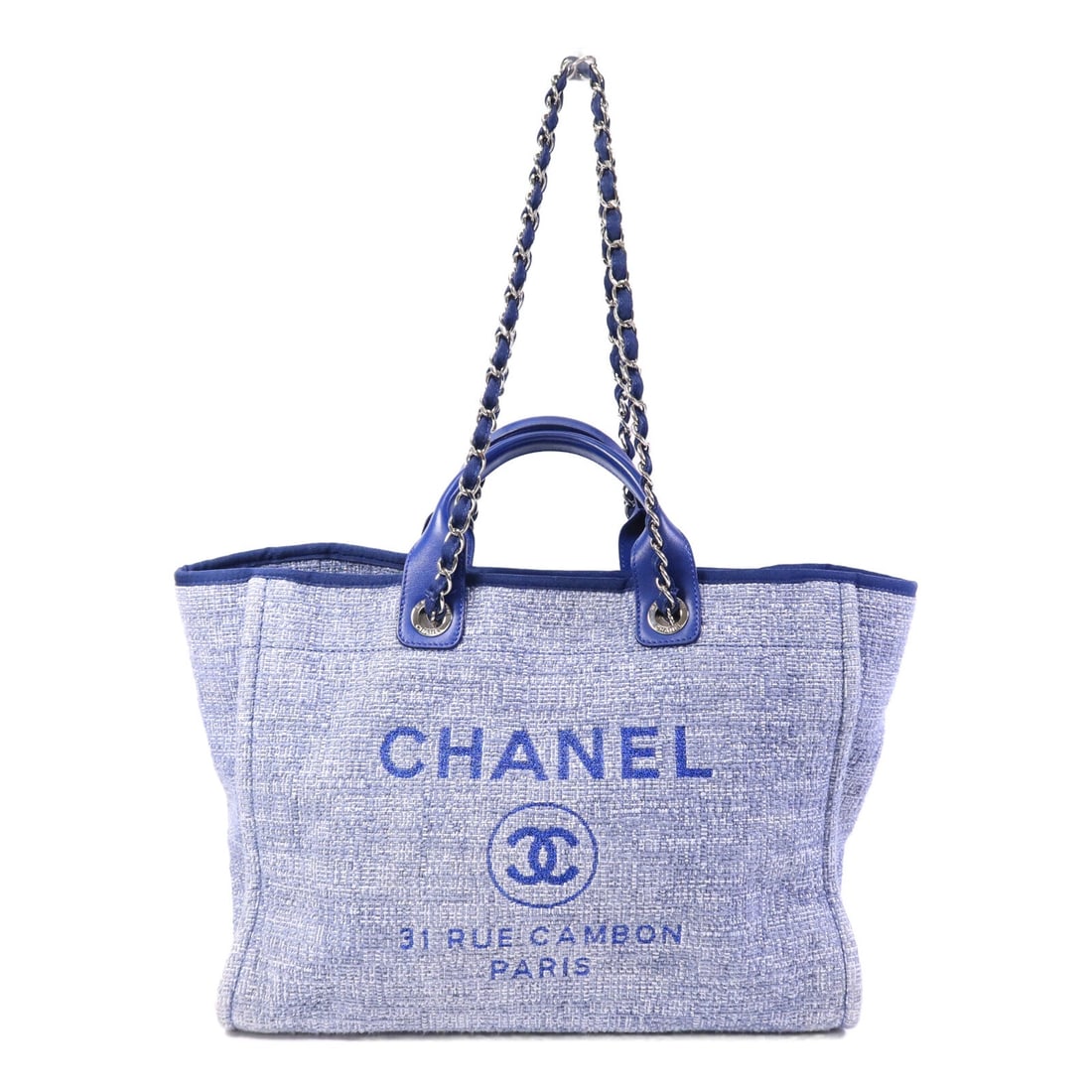 Chanel Deauville 2Way Blue Tote SHW: Blue Deauville Tote Bag 2-way shoulder bag with CC SHW in canvas. Includes storage bags and hologram sticker. 38.5 x 32.5 x 15 cm; handle 31 cm; shoulder up to 70 cm. Model A66941.