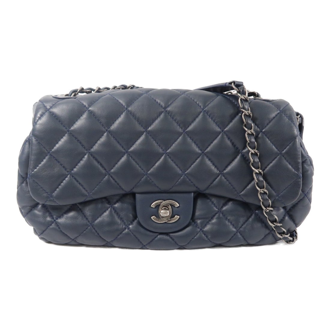 Chanel CC Chain Shoulder Navy Lambskin: Navy lambskin chain shoulder bag. Size: W30 x H16 x D11 cm. Shoulder 57-86 cm. Includes storage bags, hologram sticker, and guarantee.