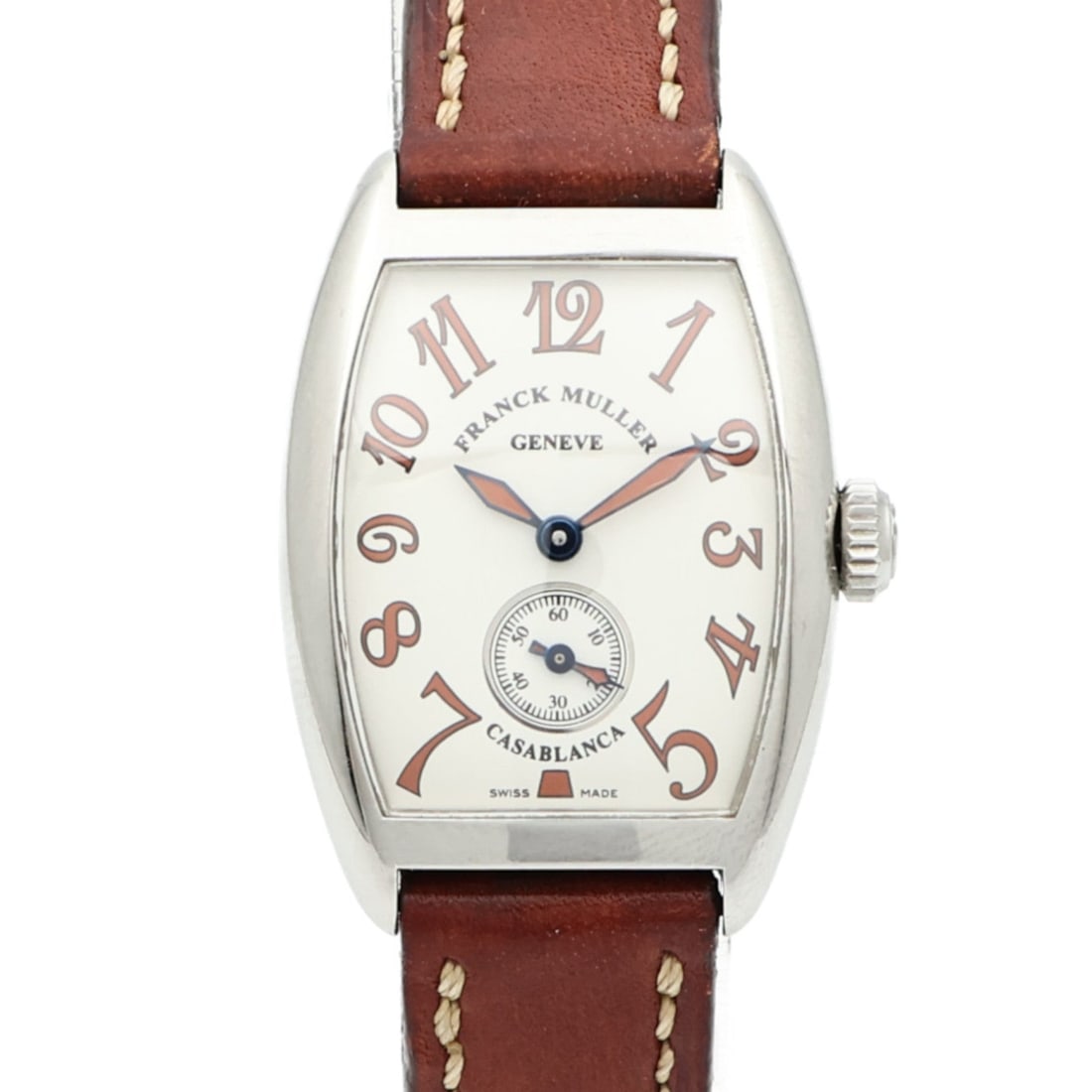 Franck Muller Casablanca 1750 S6 C SAH: Hand volume watch. Color: White / White. Material: Stainless Steel, Leather belt. Accessories: Guarantee. Case 35mm x 25mm; wrist 13cm, max 17cm; band 11-14mm.