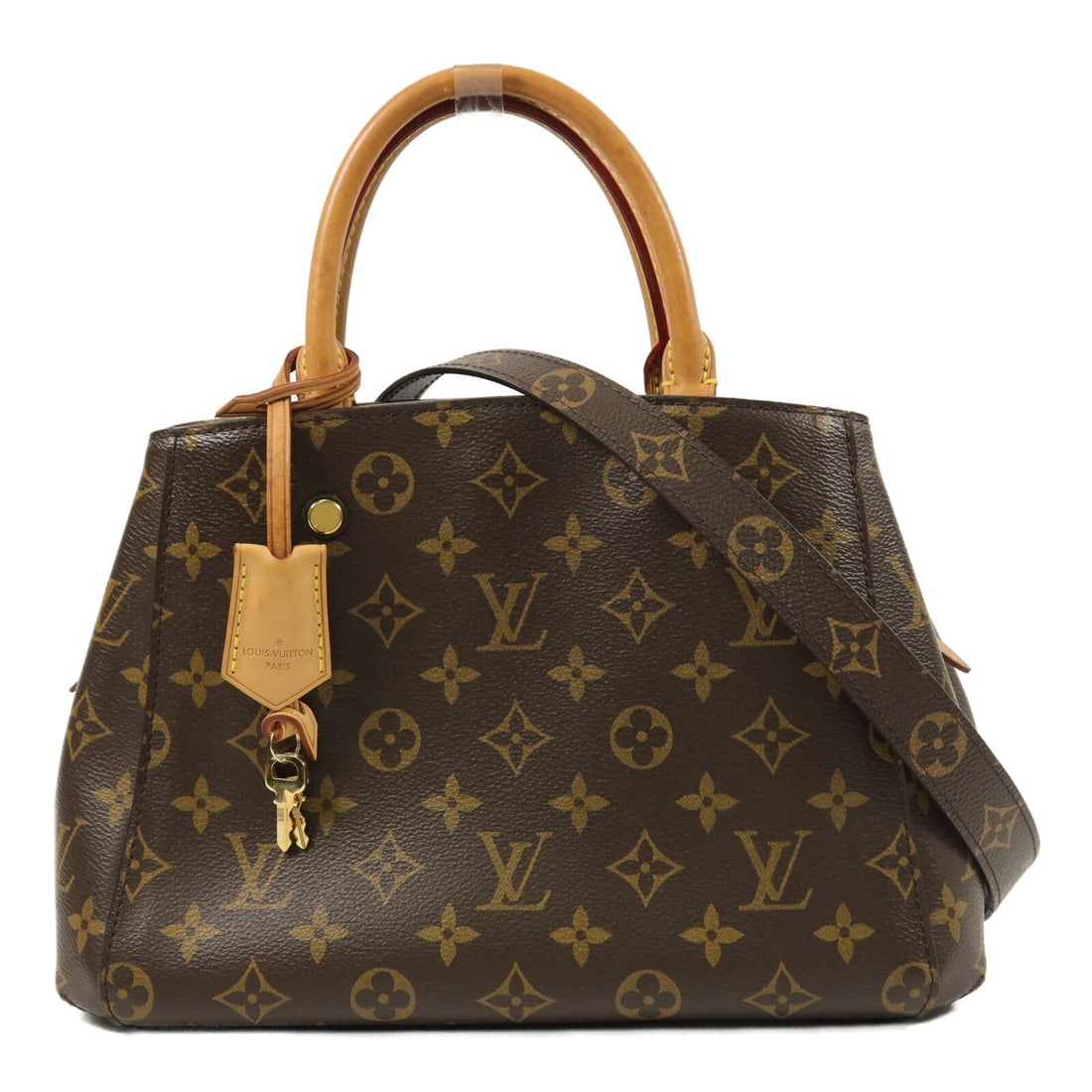 Louis Vuitton Montaigne BB Monogram 2Way: Brown Montaigne BB 2-way shoulder bag in PVC coated canvas. Includes shoulder strap. 29 x 20 x 13 cm; handle 27 cm; shoulder up to 115.5 cm. Model M41055.