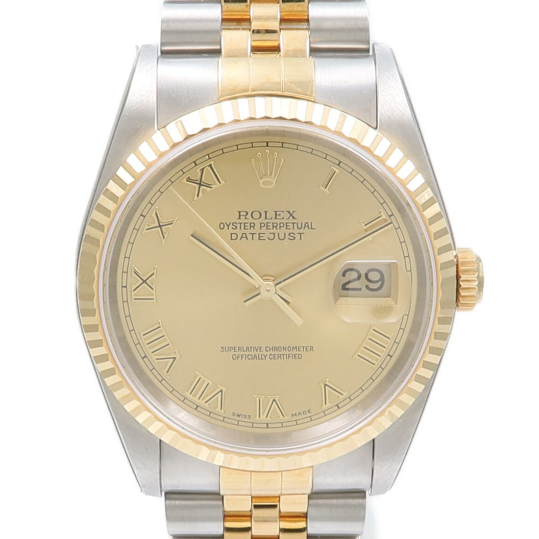 Rolex Datejust 16233 18K YG/SS Gold: Automatic watch. Color: Gold / Gold. Material: K18 (Yellow Gold), Stainless Steel. Model 16233. Case 36mm; max wrist 18cm; band 16-19mm.