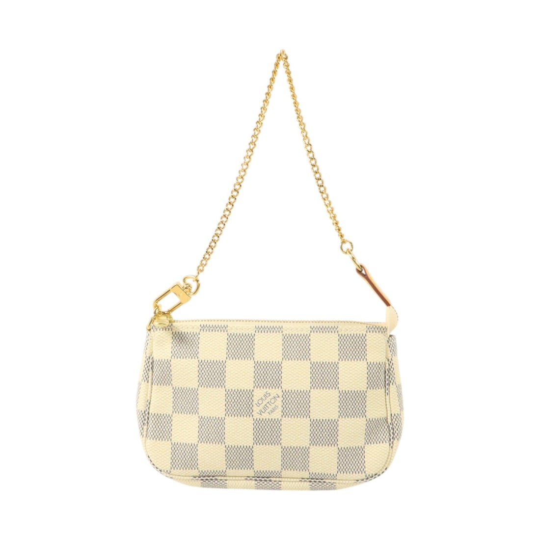 Louis Vuitton LV GHW Mini Pochette White: LV GHW Mini Pochette handbag in white Damier Azur PVC coated canvas. Size: W15 x H10 x D2.5 cm. Handle 31 cm. Includes storage bags.