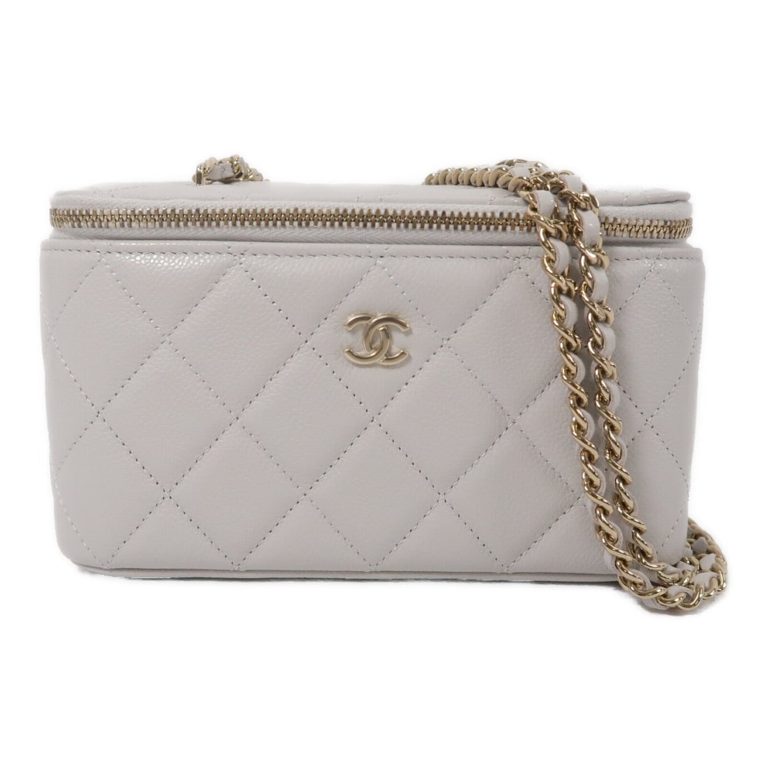 Chanel CC GHW Vanity Case Grey: CC GHW Vanity Case chain shoulder bag in grey calfskin. Size: W16 x H10 x D8 cm. Shoulder 116 cm. Includes storage bags and hologram sticker.
