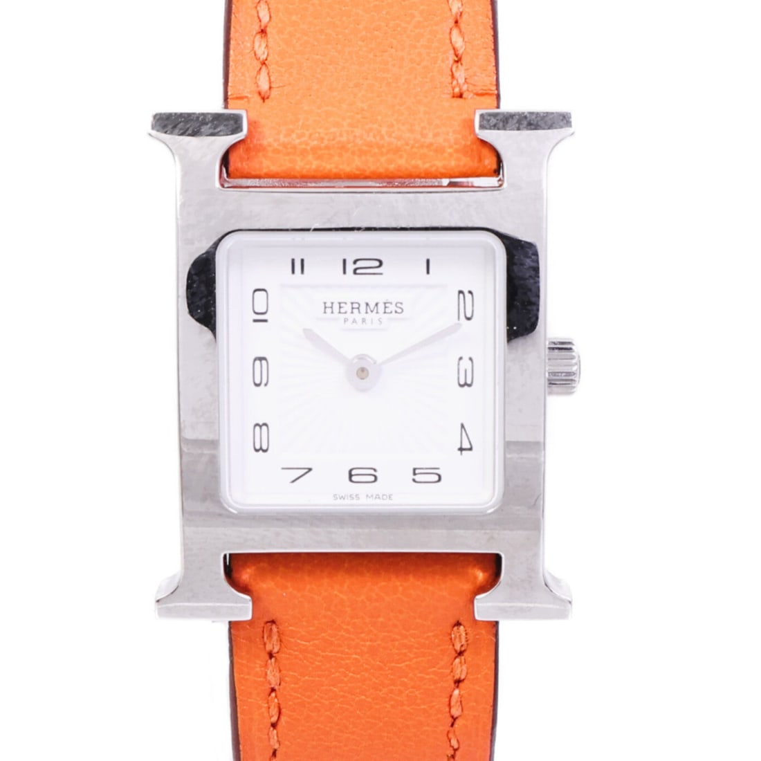 Hermes H Watch HH1.210 SS Silver: Quartz watch. Color: Silver / Orange/Silver. Material: Stainless Steel. Accessories: Storage box. Case 30.01mm x 24.75mm; wrist 13.5cm, max 16cm; band 12-15mm.