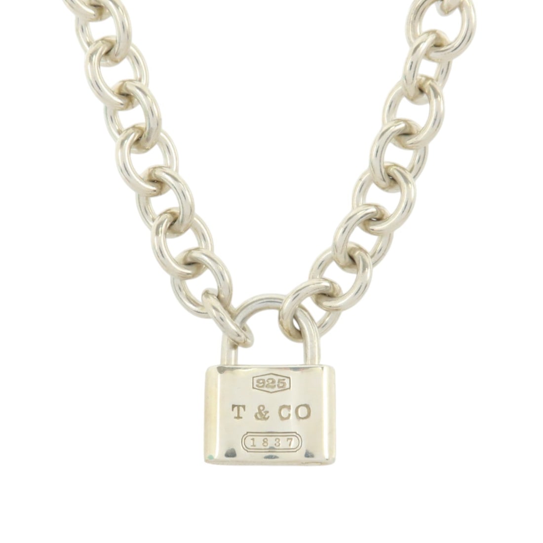 Tiffany 1837 Lock Necklace Sterling Silver: Silver 925 1837 Lock necklace in silver. Includes storage box and storage bags. Neck size 46cm. Motif 14mm wide x 18mm high.