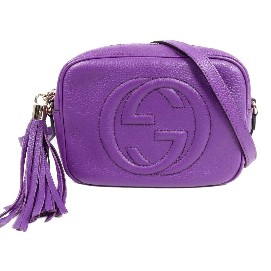 Gucci GG GHW Soho Disco Purple: GG GHW Soho Disco shoulder bag in purple calfskin. Size: W20.5 x H15 x D7 cm. Shoulder 124-134 cm. Includes storage bags.