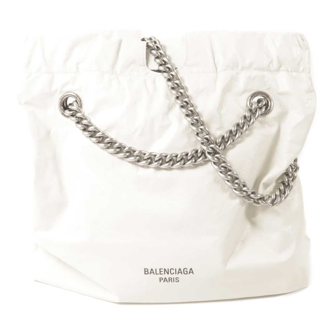 Balenciaga SHW Crush Tote White: SHW Crush Tote chain shoulder bag in white calfskin (cowhide). Size: W25 x H28 x D11 cm. Shoulder 53-116 cm. Includes storage bag.