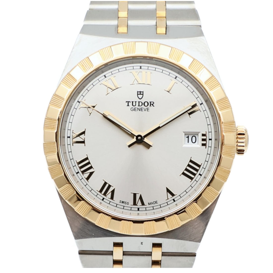 Tudor Royal 28503 18K YG/SS Silver: Automatic watch. Color: Silver. Material: K18 (Yellow Gold), Stainless Steel. Accessories: Storage box, guarantee. Case 38mm; max wrist 18.5cm; band 16mm.