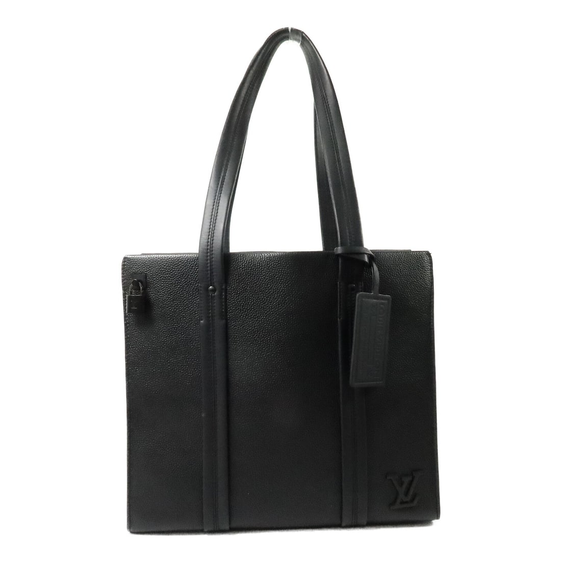 Louis Vuitton Take Off Tote Black: Take Off tote bag in black Aerogram calfskin. Size: W36.5 x H32.5 x D12 cm. Handle 61 cm. Includes key padlock and name tag.