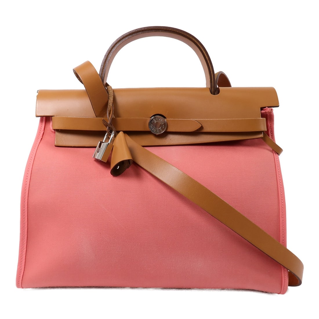 Hermes PHW Herbag PM Rose Azalee: PHW Herbag PM 2 way shoulder handbag in Rose Azalee canvas. Size: W30 x H24 x D11 cm. Handle 23 cm. Shoulder 98 cm. Includes clochette key cadena and pouch. 2015 year.