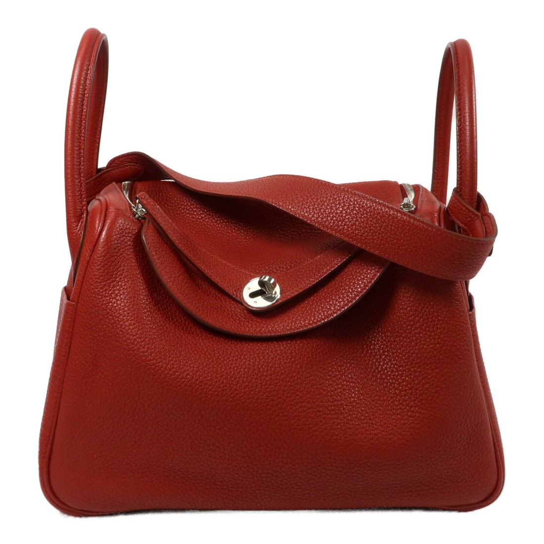 Hermes Lindy 30 Rouge Casaque 2Way: Rouge Casaque Lindy 30 2-way shoulder bag with PHW in Taurillon Clemence and Calfskin (cowhide). 30 x 20 x 15 cm; handle 32 cm; shoulder up to 73 cm.