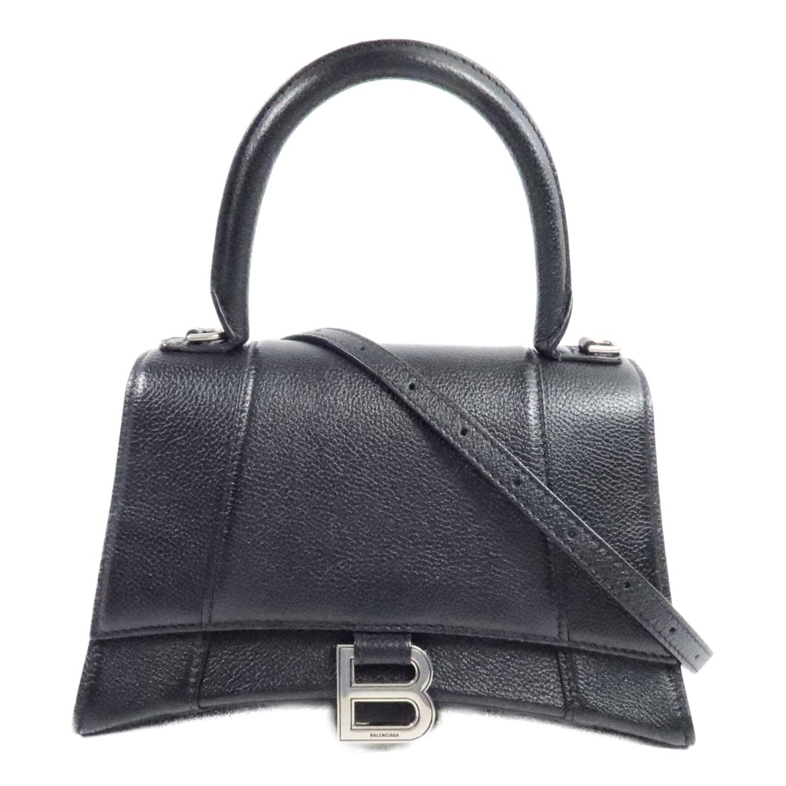 Balenciaga SHW Hourglass Small Black: SHW Hourglass Small Top Handle 2 way shoulder bag in black calfskin (cowhide). Size: W22.5 x H13.5 x D10 cm. Handle 27.5 cm. Shoulder 45-117 cm. Includes storage bag and shoulder strap.