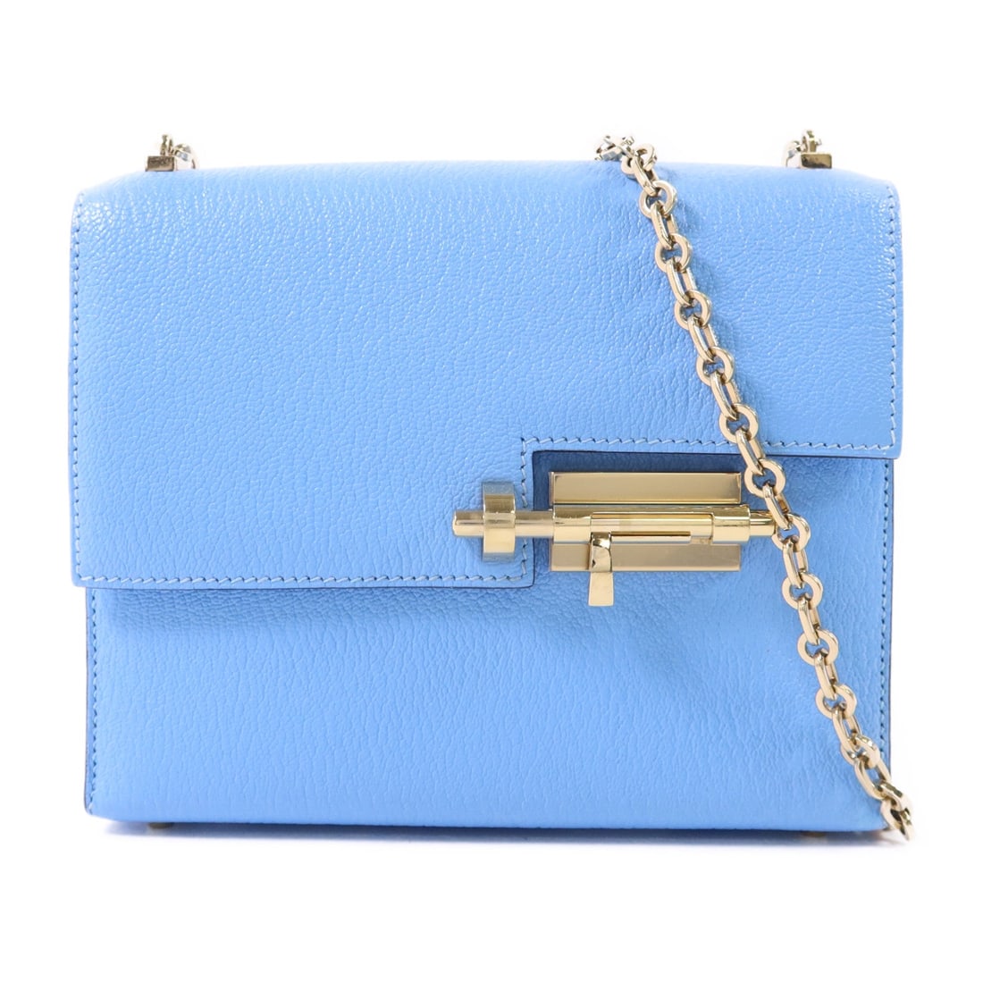 Hermes GHW Verrou Mini Bleu Azteque: GHW Verrou Mini chain shoulder bag in Bleu Azteque Chevre Mysore goatskin. Size: W17 x H13.5 x D4 cm. Shoulder 86 cm.