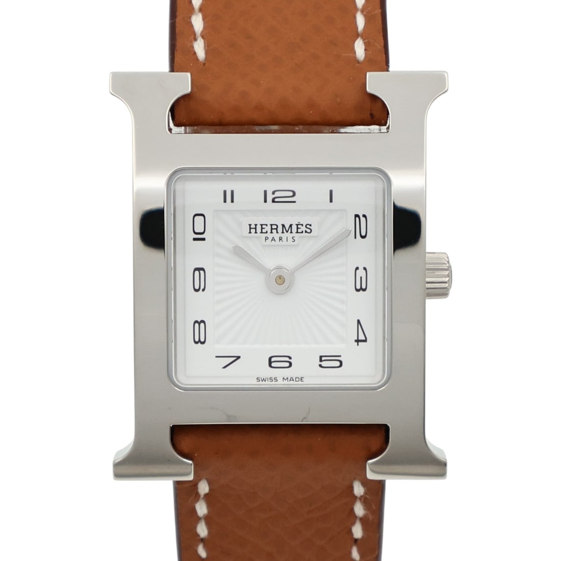 Hermes H Watch HH1.210 SS White: Quartz watch. Color: White / White. Material: Stainless Steel, Leather belt. Accessories: Storage box, guarantee. Case 30mm x 21mm; wrist 13cm, max 16cm; band 18mm.