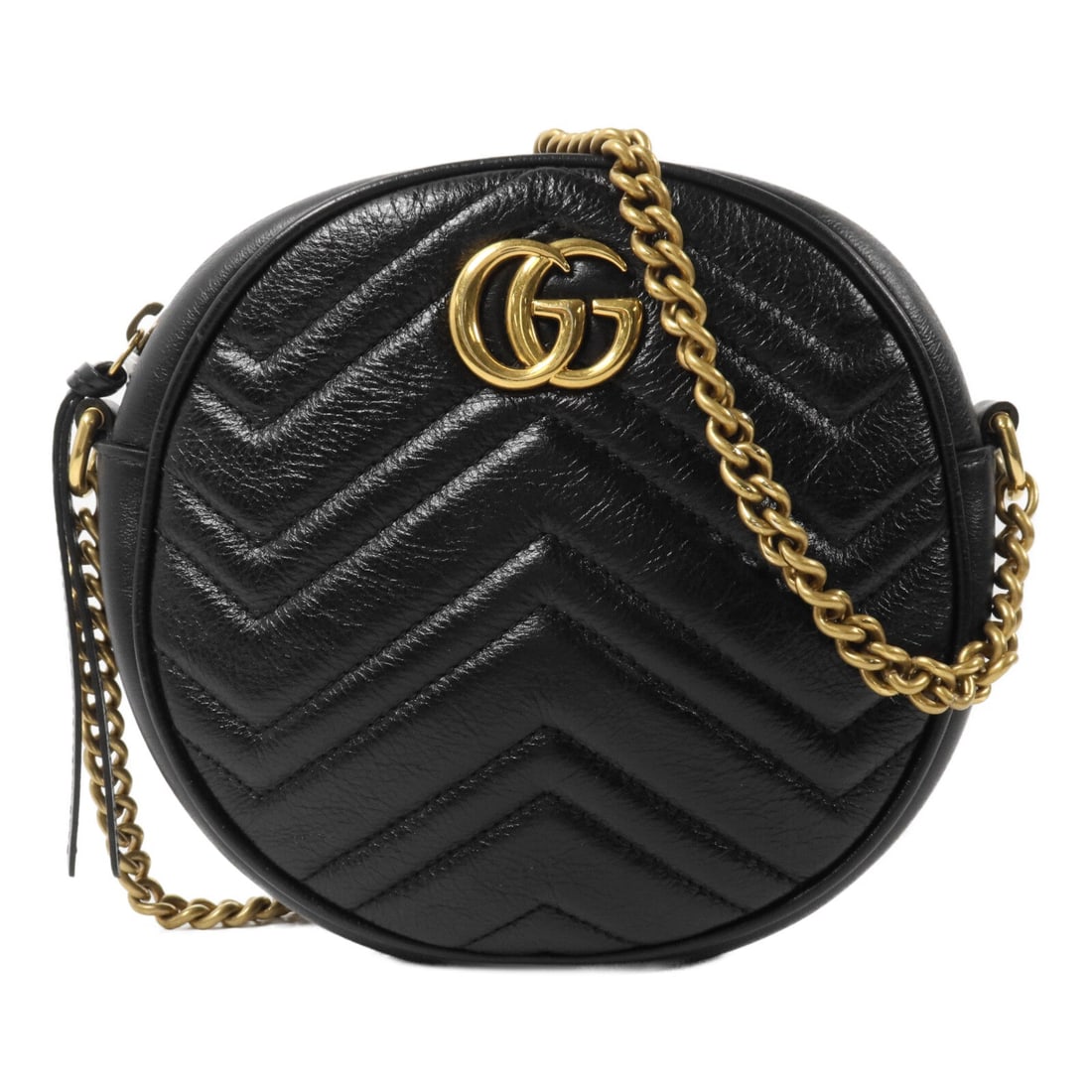 Gucci GG GHW Marmont Round Black: GG GHW GG Marmont round chain shoulder bag in black calfskin (cowhide). Size: W17.5 x H17.5 x D6 cm. Shoulder 131 cm.