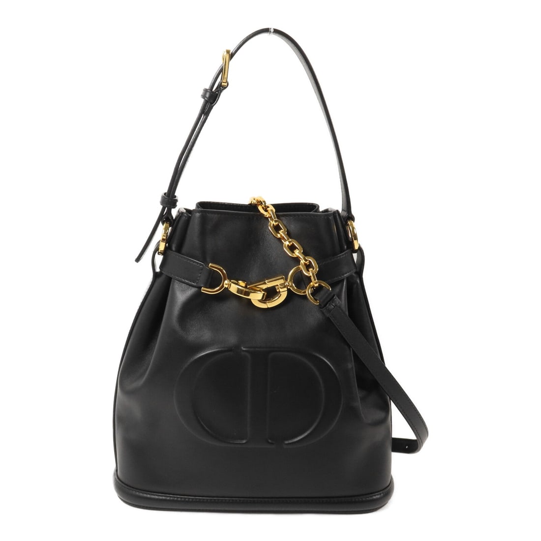 Dior C'est Dior Medium Black Bag: Black C'est Dior Medium shoulder bag with CD GHW in Calfskin (cowhide). Includes storage bags and shoulder strap. 23 x 24 x 8.5 cm; handle 35-45 cm; shoulder 94-109 cm.