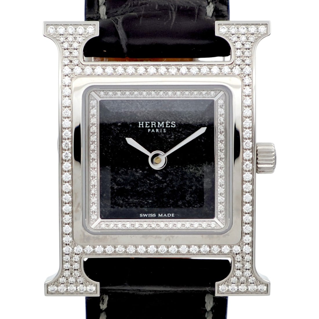 Hermes H Watch HH4.230 SS Obsidian: Wrist watch. Color: Black / Obsidian. Material: Stainless Steel, Other, Croco. Model HH4.230 (2025). Accessories: Storage box, guarantee. Case 30mm x 21mm; wrist 13.5cm, max 16cm; band 15mm.