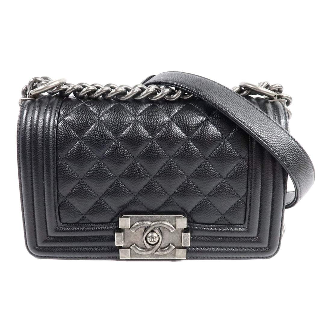 Chanel Boy 20 SHW Black Calfskin Bag: Black Boy 20 chain shoulder bag with CC SHW in Calfskin (cowhide). Includes storage bags. 20 x 12 x 5 cm; shoulder 68-113 cm. Model A67085.