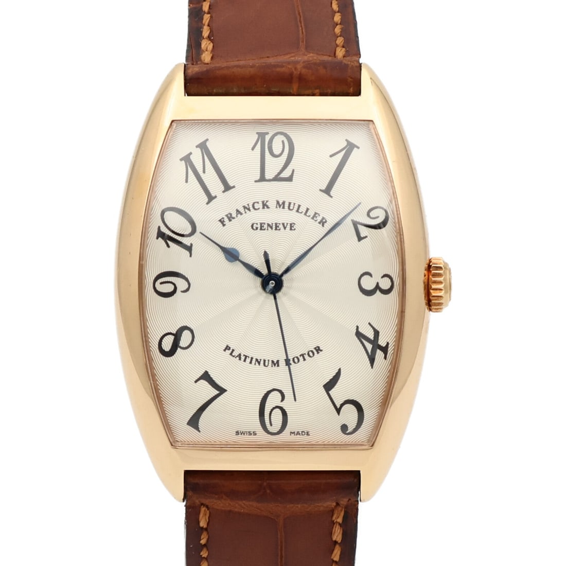 Franck Muller Cintree Curvex 2852SC 18K YG: Automatic watch. Color: Silver / White. Material: K18 (Yellow Gold), Leather belt. Accessories: Storage box, guarantee, case. Case 43mm x 31mm; wrist 13cm, max 19cm; band 16mm.