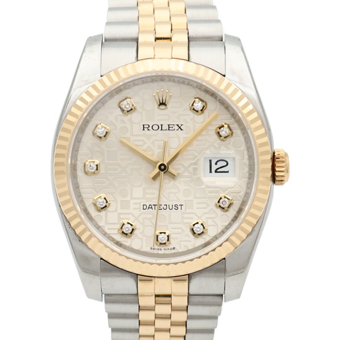 Rolex Datejust 116233G 18K YG/SS Diamond: Automatic watch. Color: Silver / Computer Dial White. Material: K18 (Yellow Gold), Stainless Steel, Diamond. Case 36mm; max wrist 16cm; band 16-20mm.