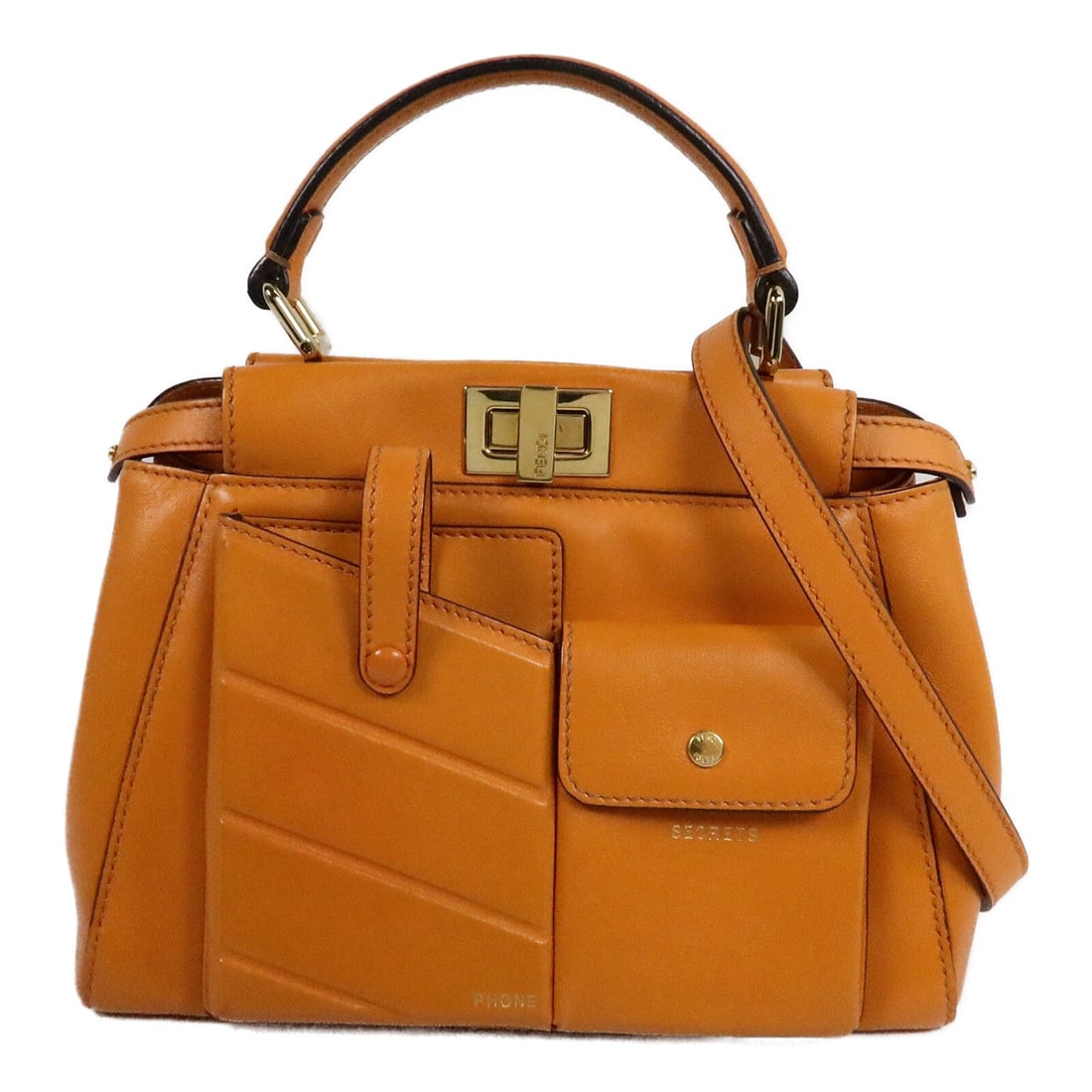 Fendi GHW Peekaboo Mini Pocket Orange: GHW Peekaboo Mini Pocket 2 way shoulder bag in orange lambskin. Size: W23 x H17 x D11 cm. Handle 23 cm. Shoulder 102-118 cm. Includes shoulder strap and rain cover.