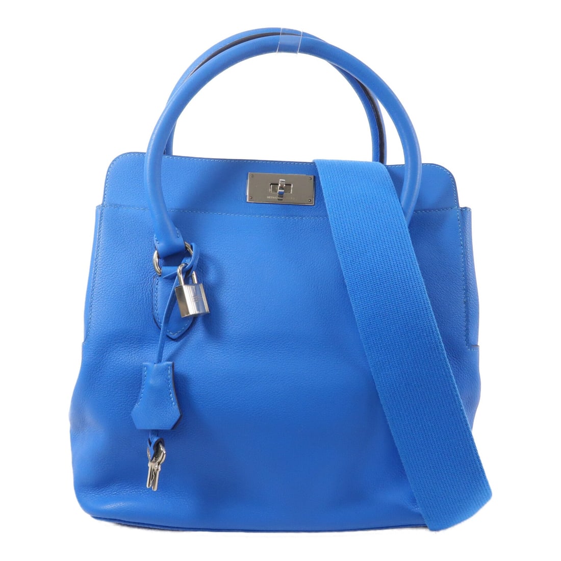 Hermes PHW Toolbox 26 Blue Hydra: PHW Toolbox 26 2 way shoulder handbag in Blue Hydra Ever color calfskin. Size: W26 x H28 x D18 cm. Handle 42.5 cm. Shoulder 84 cm. Includes shoulder strap, clochette, key, and cadena.