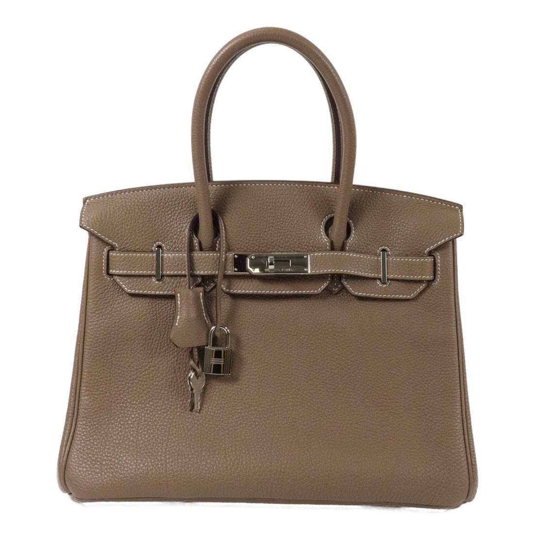 Hermes Birkin 30 PHW Etoupe Togo: Etoupe Birkin 30 handbag with PHW in Togo leather and Calfskin (cowhide). Includes storage bags, clochette, key, and cadena. 30 x 22 x 16 cm with 29 cm handle.