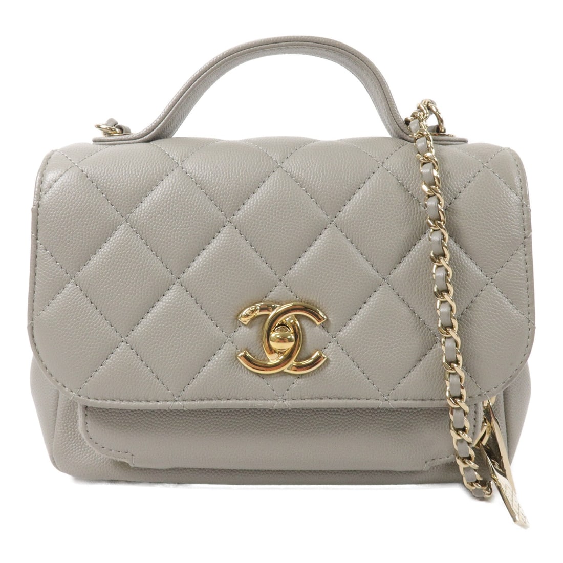Chanel CC GHW Business Affinity Gray: CC GHW Business Affinity chain shoulder bag in gray calfskin. Size: W19 x H14 x D10 cm. Handle 15 cm. Shoulder 108 cm. Includes storage bags, hologram sticker, and guarantee.