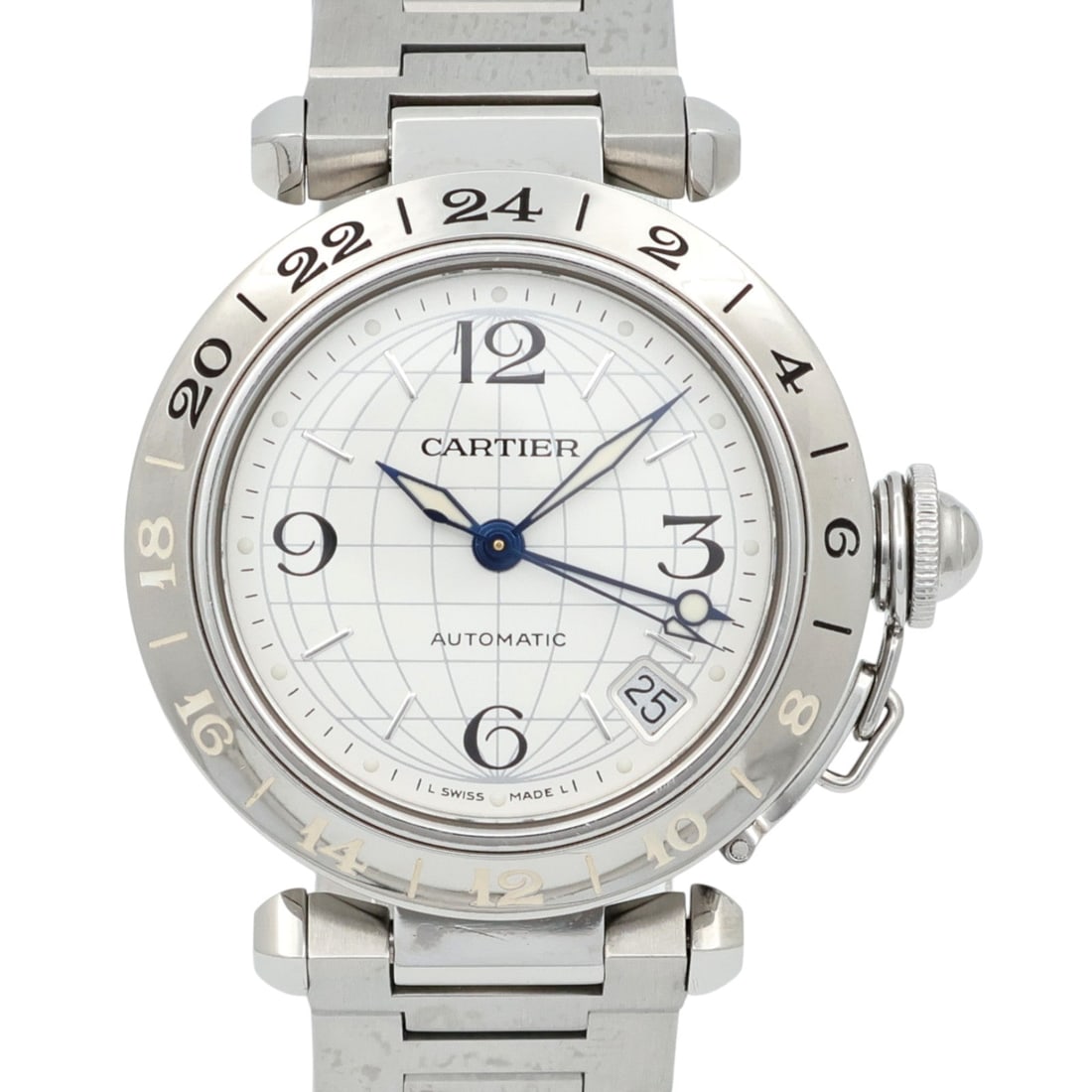 Cartier Pasha C GMT W31078M7 Auto 35mm: CARTIER Pasha C GMT W31078M7 automatic watch in stainless steel with white / white color. No accessories listed. Case diameter 35mm; max arm circumference 14cm; band width 18mm.