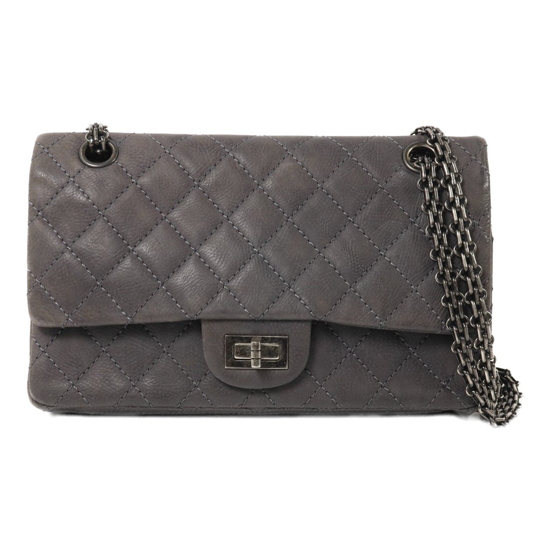 Chanel CC SHW 2.55 Small Grey: CC SHW 2.55 Small chain shoulder bag in grey calfskin. Size: W24 x H16 x D7 cm. Shoulder 60-102 cm. Includes storage bags and hologram sticker.