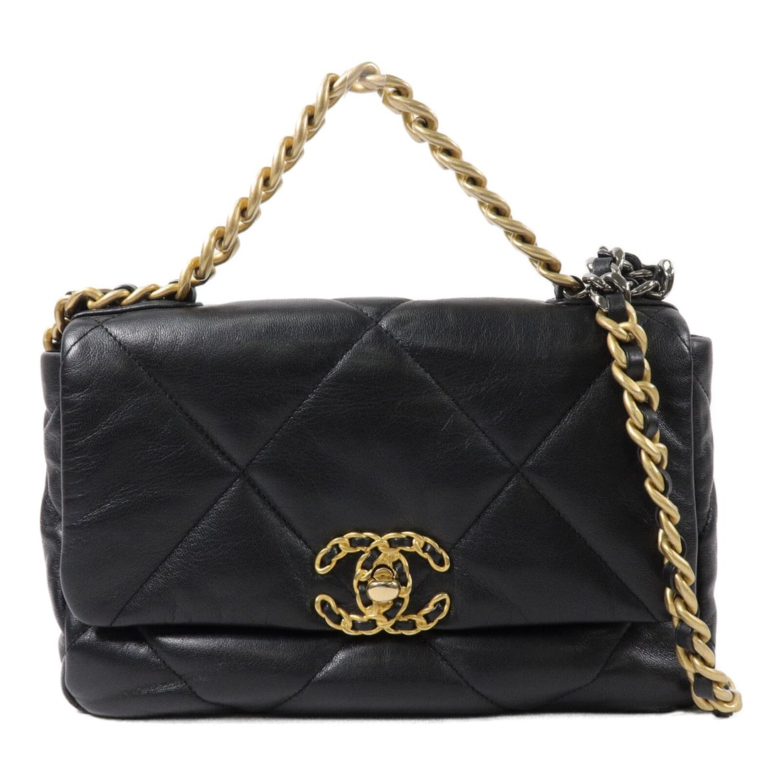 Chanel CC Chanel 19 Medium Black: CC Chanel 19 Medium 2 way chain shoulder bag in black lambskin. Size: W25 x H18 x D8 cm. Handle 23 cm. Shoulder 100 cm. Includes storage box, storage bags, hologram sticker, and guarantee.