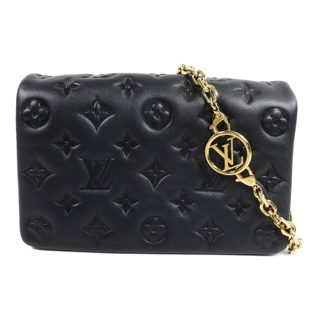 Louis Vuitton GHW Pochette Coussin Black: GHW Pochette Coussin chain shoulder bag in black lambskin. Size: W20 x H12.5 x D5 cm. Shoulder 108 cm. Includes storage box and storage bags.