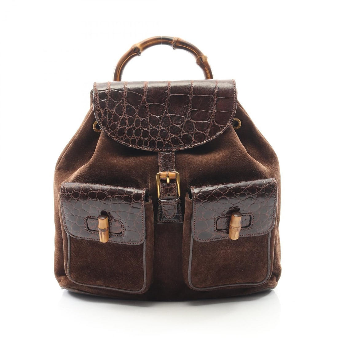 Gucci Bamboo Suede Backpack Brown: Brown Bamboo rucksack backpack in suede and exotic leather. Model 003?58?0016. No accessories. 31 x 32 x 9 cm. Handle 27 cm. Shoulder 66-78 cm.