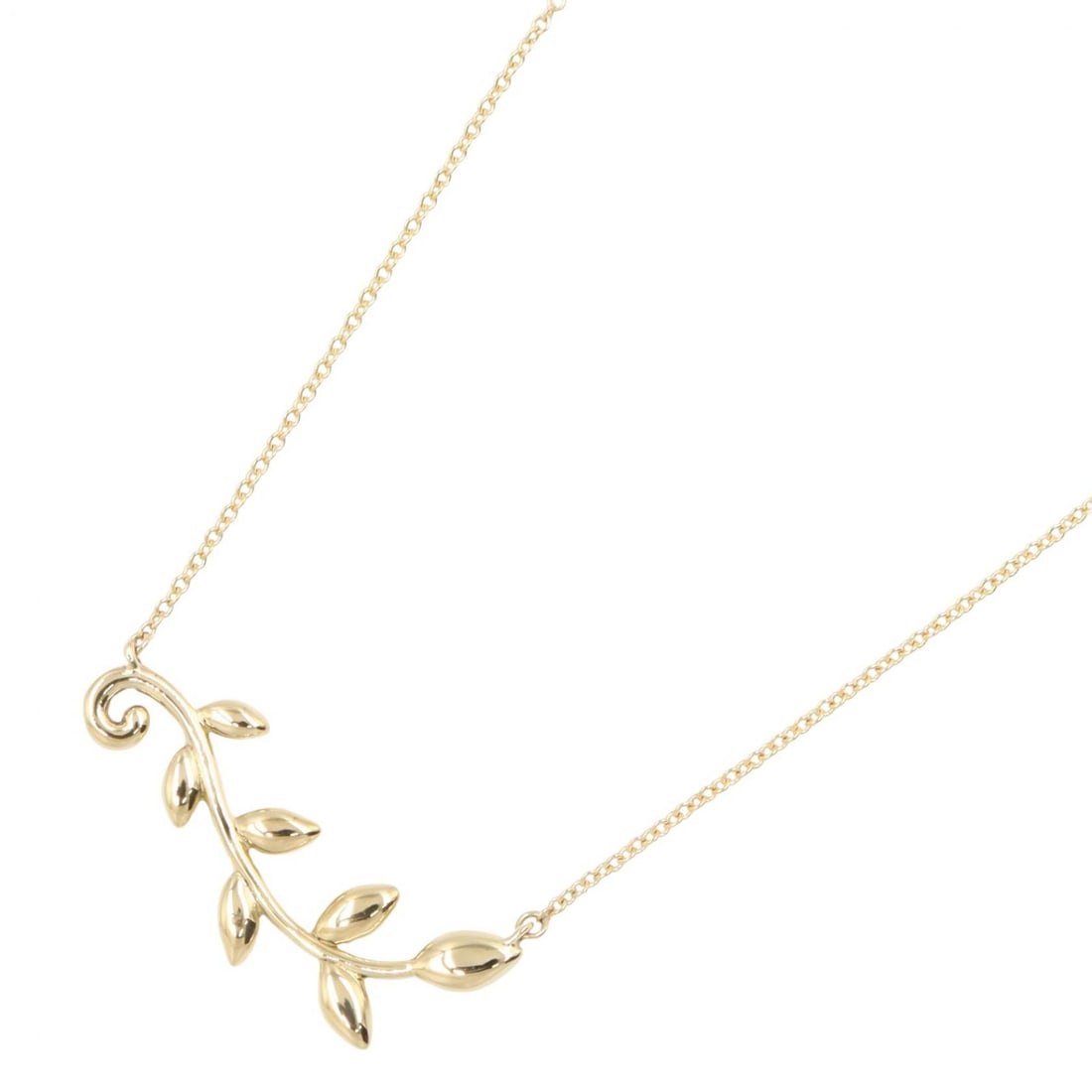 Tiffany Olive Leaf Vine Necklace K18: Color: Gold; Material: K18 (Yellow Gold); Neck: 42cm; Motif: 28mm x 12mm; Weight: 3.6g.