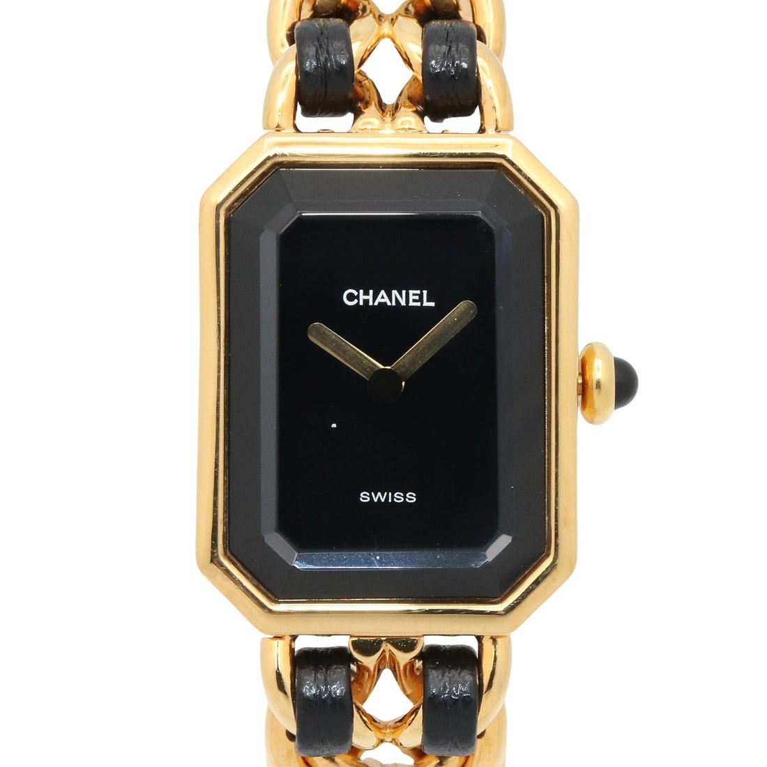 Chanel Premiere S H0001 Gold-Plated Watch: Womens quartz watch in black. Gold-plated case with leather. Model H0001. Case 26 x 20mm; max wrist 13.5cm.