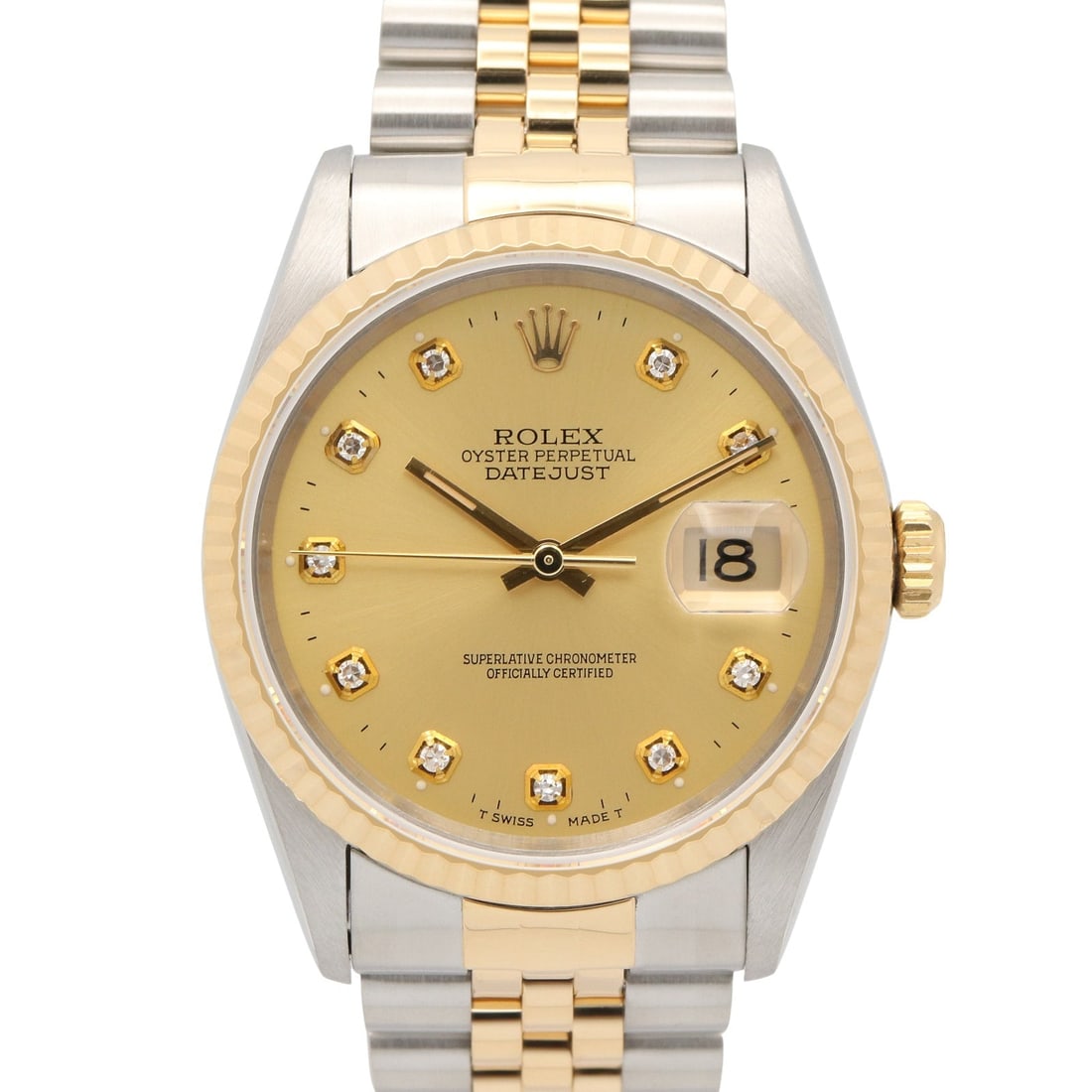 Rolex Datejust 16233G 10P Diamond Watch: W series 10P diamond watch in gold with champagne new diamond dial. K18 yellow gold, stainless steel, and diamond. Model 16233G. Case 36mm; max wrist 16cm.